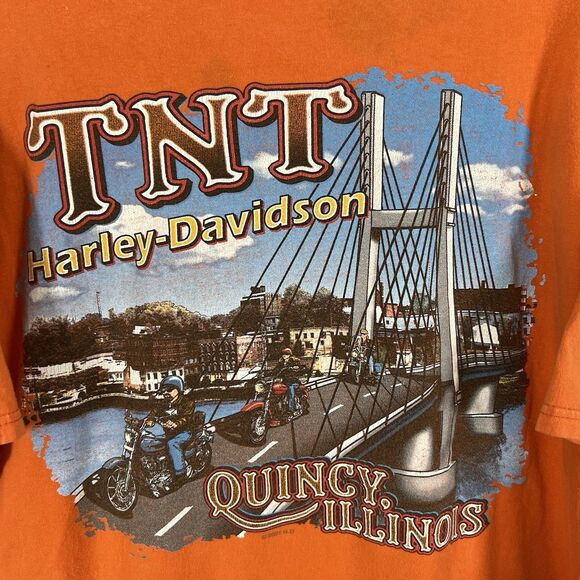 VTG 2001 Harley Davidson T Shirt Men XL Orange TNT Quincy IL Double Sided STAINS - Picture 3 of 15